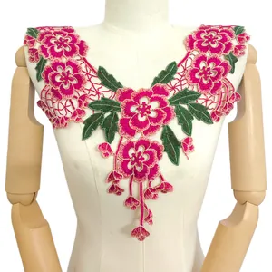Close-up of vibrant pink floral embroidery lace collar applique on a mannequin.