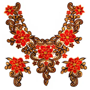 Vue détaillée de l'ensemble 3 pièces de broderie en dentelle florale rouge et or