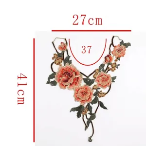Detailed view of colorful floral embroidered lace collar with size measurements