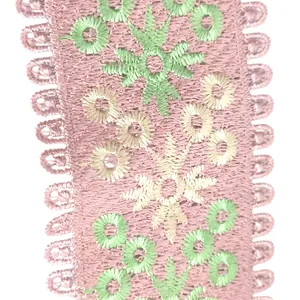 Close-up detail of colorful embroidered lace collar showing intricate floral patterns