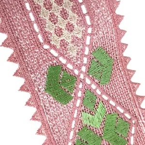 Detailed close-up of pink and green floral embroidery on lace collar fabric