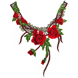 Detailed view of embroidered red rose lace collar patch with intricate floral patterns
