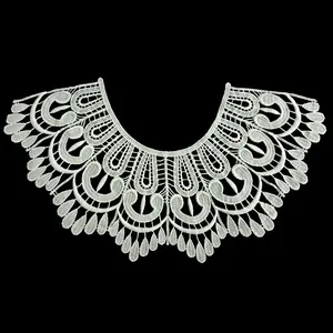 Intricate detail of white milk silk water-soluble embroidered lace collar floral pattern