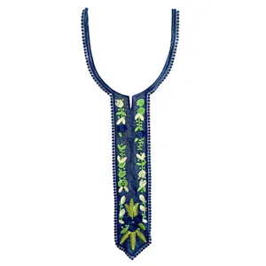 Detailed view of navy blue floral embroidered lace collar accessory for clothing.