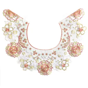 Close-up of intricate cherry blossom embroidery on white organza Hanfu lace cloud shoulder