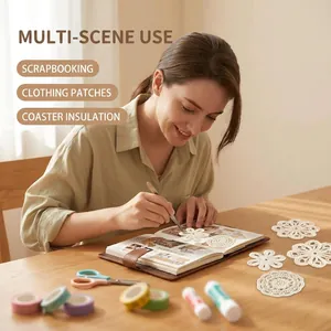 Woman using a decorative crochet lace flower patch for DIY journaling at a desk