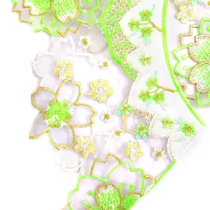 Close-up detail of exquisite green cherry blossom embroidery on organza Hanfu cloud shoulder collar