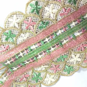 Detailed macro view of colorful embroidered lace collar with intricate floral patterns