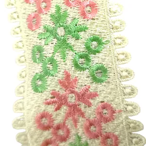 Close-up of intricate pink and green floral embroidery on cream lace fabric accessory