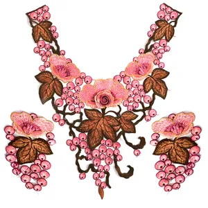 Intricate floral and grape embroidery lace collar set with matching sleeve patches