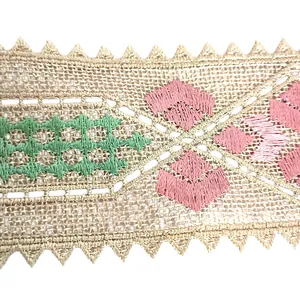 Macro detail of heavy embroidery on golden lace trim with colorful diamond patterns