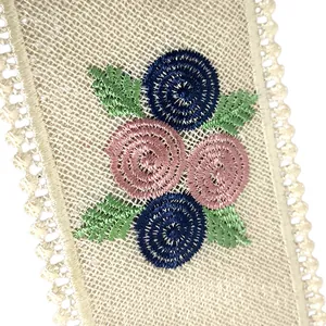Close-up detail of heavy embroidered lace collar with pink and blue floral patterns