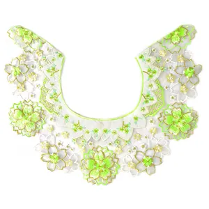 Detailed view of neon green cherry blossom embroidery on organza fake collar