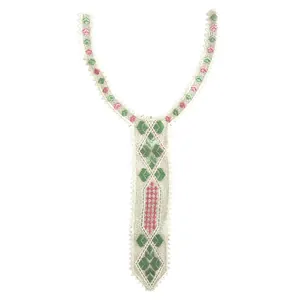 Detailed view of a colorful embroidered lace neck applique with ethnic floral patterns