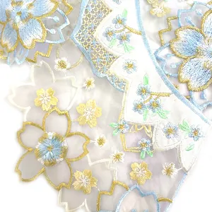 Close-up of delicate floral embroidery on organza fabric for Hanfu fake collar accessory