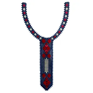 Close-up detail of a dark blue embroidered lace collar patch with red embroidery