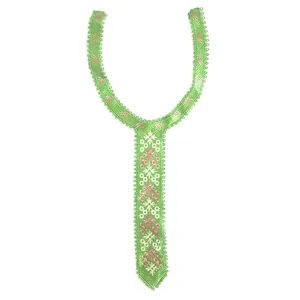 Elegant green embroidered lace collar patch with pink floral pattern for DIY clothing