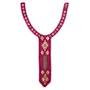 Elegant fuchsia embroidered lace collar with geometric gold patterns for DIY garment decor.