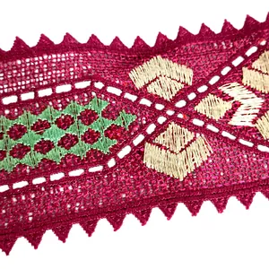 Macro detail of intricate maroon and green embroidered lace collar trim for garments.