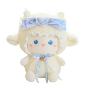 Adorabile bambola di pecora di peluche bianca con fiocco blu e cappello di pizzo regalo