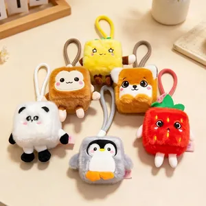 Set of six cute square plush animal and fruit keychains with elastic loops