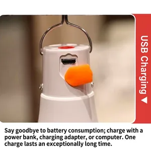 Detail of USB charging port and orange cover on a rechargeable hanging night light.