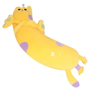 Long oreiller en peluche chat de dessin animé pour dormir avec pois violets et grandes mains