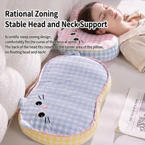 Cartoon cat memory foam pillow with soft checkered pattern and neck support