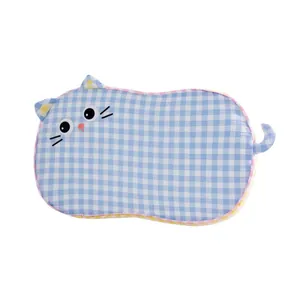 Blue checkered cartoon cat shaped memory foam pillow for neck support and sleeping