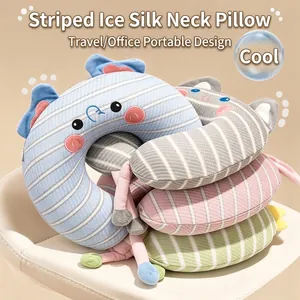 Almohada de Cuello en Forma de U de Seda de Hielo Espuma de Memoria Dibujos Animados Animal Rayado Soporte de Cuello Para Vuelo Oficina Hogar