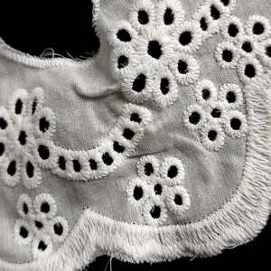 Detailed view of white cotton eyelet embroidery and scalloped edges on a kids fake collar