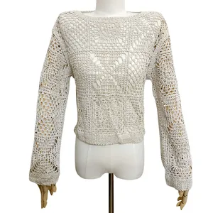 Women Lazy Korean Style Hollow Crochet Cotton Blouse Embroidered Round Neck Loose Knit Top Casual Breathable Thin Smock