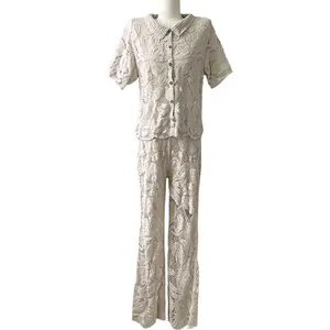 Women Elegant Lace Crochet Floral Embroidered Top And Bottom Set Lapel Short Sleeve Cardigan Blouse Skirt Flared Pants Co-ords