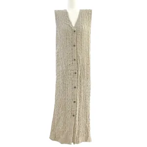 Abito in Maglia Senza Maniche con Traforo da Donna Cardigan Midi all'Uncinetto a Righe Retro Monopetto Albicocca
