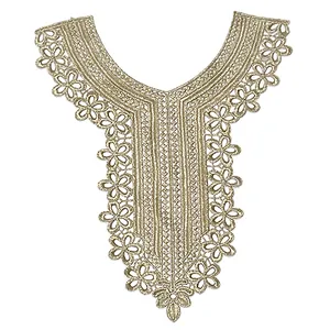 Detailed gold thread embroidered lace neckline applique floral patch for DIY clothing