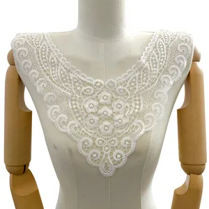 Exquisite white milk silk embroidered lace collar detail shown on a professional mannequin