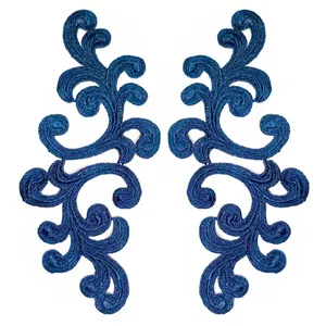 Detailed view of royal blue 3D hollow embroidered floral lace patches for DIY crafts
