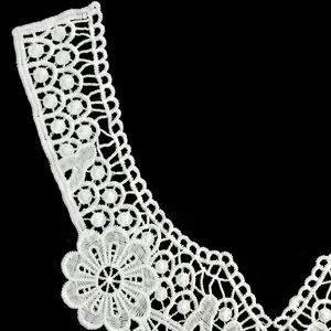 Detailed macro view showing the intricate pattern of a white embroidered lace collar