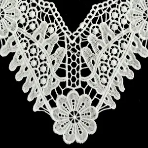 Close-up of white milk silk embroidered lace faux collar with floral cutout pattern