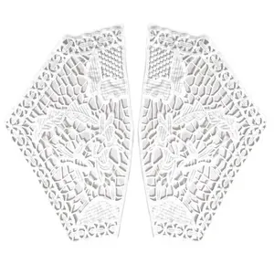 Vue détaillée de patchs de broderie en dentelle blanche symétriques pour vêtements.