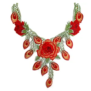 Exquisites Detail der schweren Stickerei rote Rose Spitze Kragen Patch für Kleidung