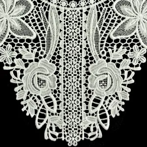 Close-up of white milk silk embroidered lace fake collar with 3D hollow floral design
