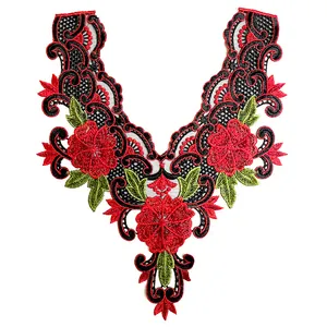 Detailed red and black floral embroidered lace collar patch accessory for DIY clothing crafts