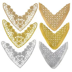 V-Shape Metallic Gold Thread Hollow Out Embroidery Lace Flower Patch For Shoes Decoration DIY Craft Apparel Accessories