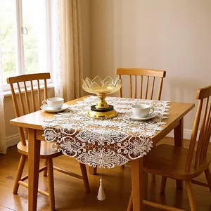 Modern Minimalist White Lace Table Runner Polyester 3D Embroidered Hollow Out Table Cloth With Tassels For Home Wedding Decor