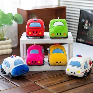 Collection of colorful cartoon car plush toys including taxi and ambulance for kids gift
