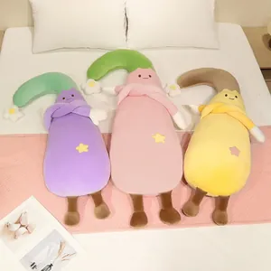 Soft and cute set of three eggplant plush pillows in purple, pink, and yellow for sleeping