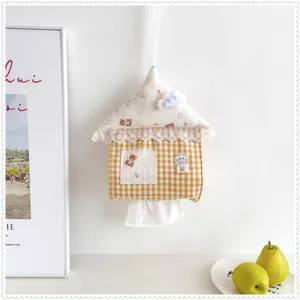 Wall-mounted house-shaped fabric tissue holder with cute yellow gingham patterns