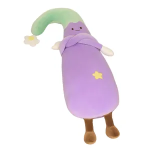Cute purple eggplant plush doll with green sleeping cap and soft velvety texture for sleeping