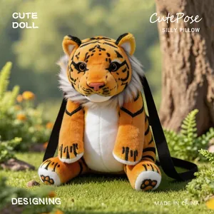 Mochila de peluche de tigre de dibujos animados realista para niños en el bosque.